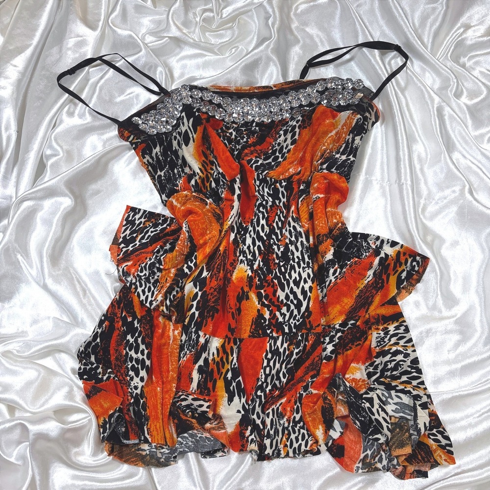 y2k Cami Top Orange Excellent Yummy Plus Animal Print Rhinestone Tiered Ruffle
